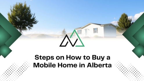 Steps on How to Buy a Mobile Home in Alberta title card featuring a white manufactured home and geometric logo.