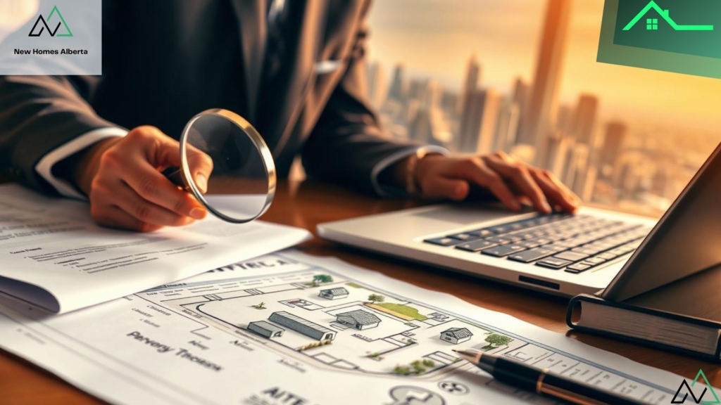 Professional examining property plans with a magnifying glass during a Canadian title search process for mli select.