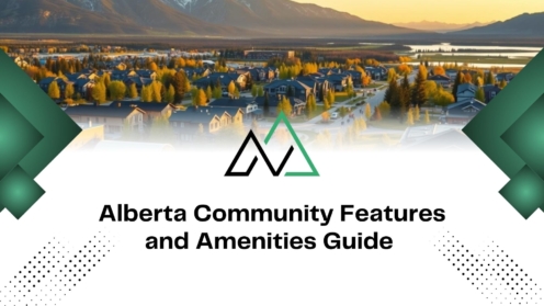Alberta Community Features and Amenities Guide by New Homes Alberta, featuring a scenic mountain town landscape.