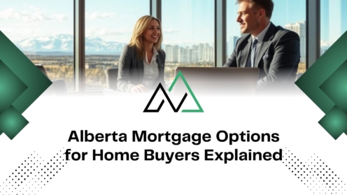 Mortgage professionals explaining Alberta home buyer options like MLI Select in an office with mountain views.