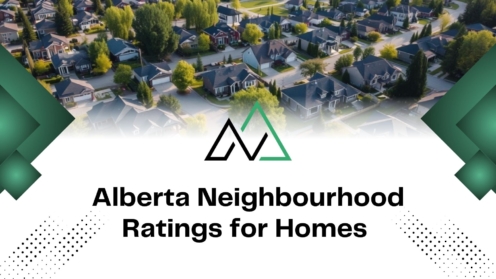 Alberta Neighbourhood Ratings for Homes graphic featuring an aerial view of a suburban residential area in Alberta.