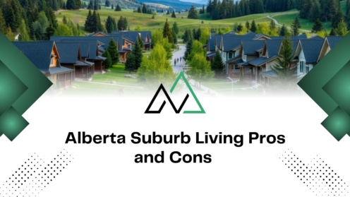 Row of modern Alberta suburban homes in a green neighborhood, highlighting the pros and cons of Alberta suburb living.