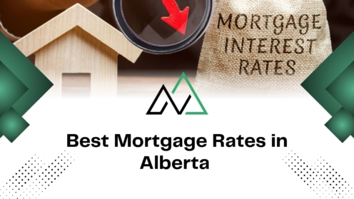 Wooden house and falling interest rates arrow graphic, highlighting the best mortgage rates in Alberta for new homes.