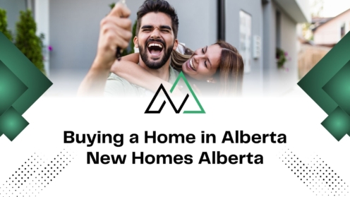 Happy couple celebrating buying a home in Alberta, holding keys to their new property with New Homes Alberta.