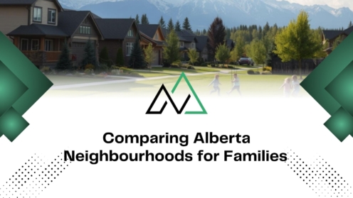 Comparing Alberta neighbourhoods for families featuring suburban homes, playing children, and scenic mountain views.