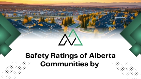 Aerial view of Alberta communities at sunset, highlighting safety ratings for residential areas by New Homes Alberta.