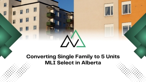Apartment buildings with text: Converting Single Family to 5 Units MLI Select in Alberta.