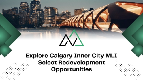 Calgary inner city skyline and Peace Bridge at night highlighting MLI Select redevelopment opportunities.