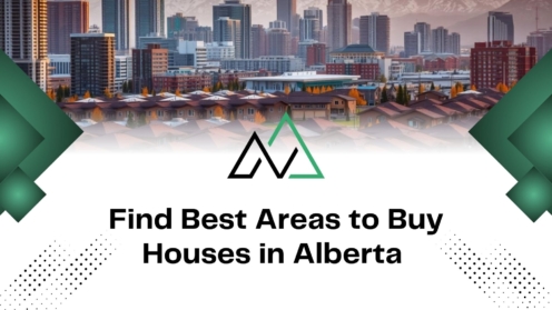 Alberta city skyline and houses with text overlay for finding the best areas to buy homes and MLI Select properties.