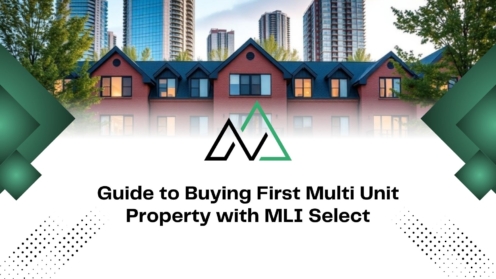 Guide to buying first multi-unit property with MLI Select over a row of red brick townhouses and city skyline.