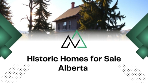 Historic Alberta home for sale with evergreen trees and logo, featuring MLI Select real estate options.