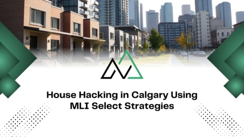 Modern Calgary townhouses and city skyline background for a guide on house hacking using MLI Select strategies.