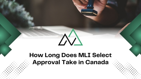 Hand holding a stamp over a desk with a logo and text about how long MLI Select approval takes in Canada.