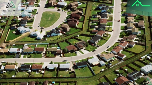 Aerial view of various Alberta home types in a suburban neighborhood, featuring single-family houses and a cul-de-sac.