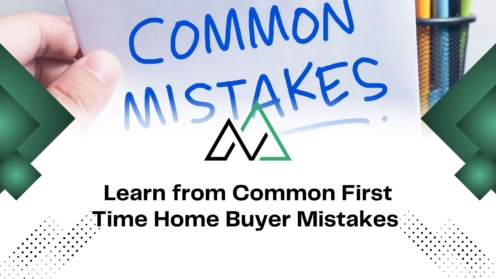Graphic titled Learn from Common First Time Home Buyer Mistakes for new homes in Alberta with a hand-drawn sign.