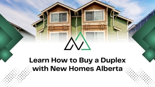 Modern green duplex in Alberta with New Homes Alberta logo and text on how to buy a duplex using MLI Select.