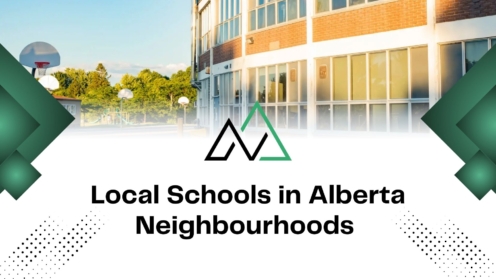Local schools in Alberta neighbourhoods featuring a brick school building and playground for mli select developments.