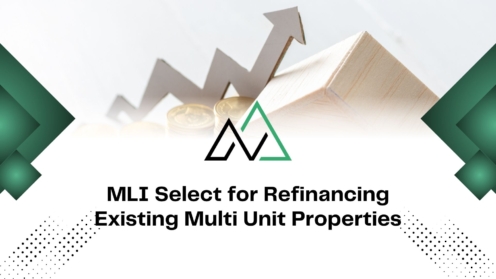 MLI Select for refinancing existing multi-unit properties with a growth arrow and house model background.