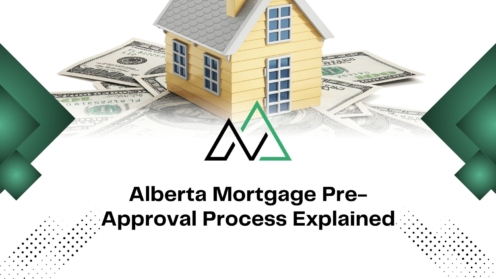 Toy house on cash for the Alberta mortgage pre-approval process explained, featuring a green and black mountain logo.