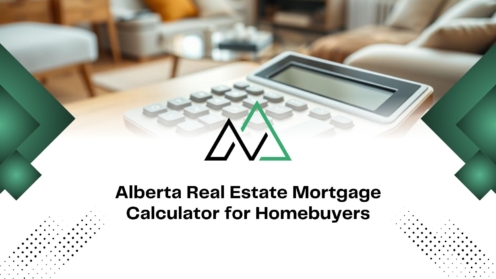 Alberta Real Estate Mortgage Calculator for Homebuyers graphic with a modern logo and blurred calculator background.