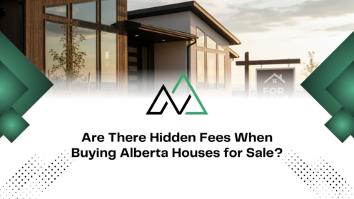 Modern Alberta house for sale with a sign and text discussing hidden fees for prospective homebuyers.