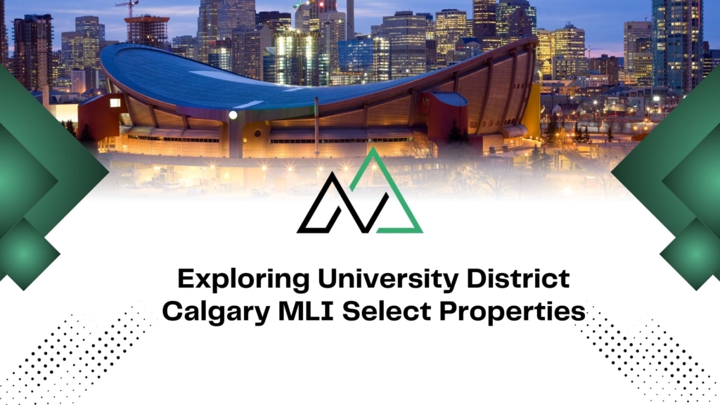 Calgary skyline with the Saddledome, promoting MLI Select properties in the University District area.