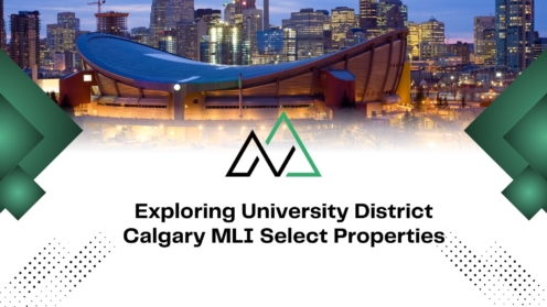 Calgary skyline with the Saddledome, promoting MLI Select properties in the University District area.