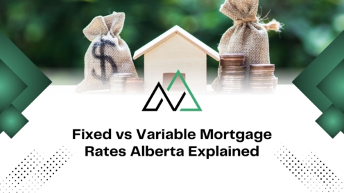 Wooden house model with money bags and coins for Fixed vs Variable Mortgage Rates Alberta Explained guide.