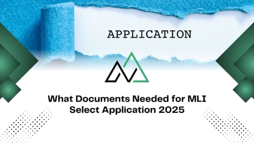 Graphic detailing documents needed for the MLI Select application 2025 with a blue torn paper background and green logo.