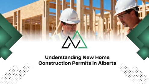 Construction workers at an Alberta job site reviewing new home permits and MLI Select project requirements.