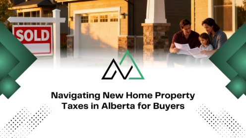 Family reviews paperwork outside a new Alberta home with a SOLD sign, navigating property taxes for buyers.