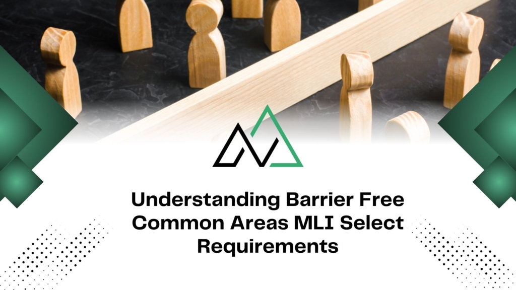 Wooden figures separated by a beam illustrating barrier-free common areas and MLI Select requirements.