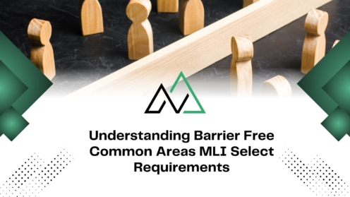 Wooden figures separated by a beam illustrating barrier-free common areas and MLI Select requirements.