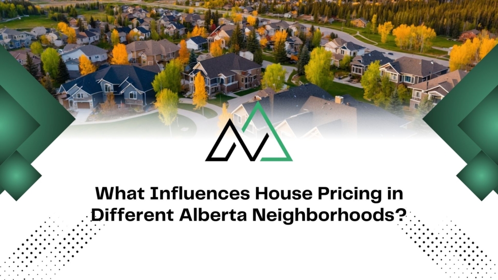 Aerial view of an Alberta neighborhood in autumn with text about factors influencing local house pricing and MLI Select.