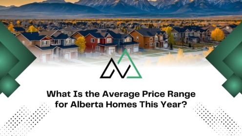 Suburban Alberta neighborhood with mountain views and text asking about average home price ranges this year.