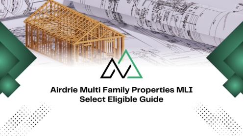 Architectural blueprints and house frame model for the Airdrie multi family properties MLI Select eligible guide.