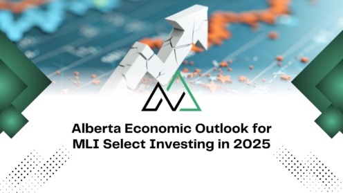Alberta Economic Outlook for MLI Select Investing in 2025 graphic with a rising white arrow over financial data.