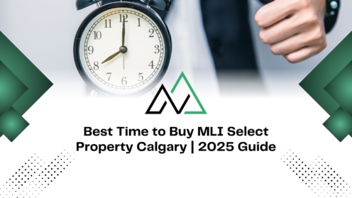 Alarm clock and logo for a 2025 guide on the best time to buy MLI Select property in Calgary.