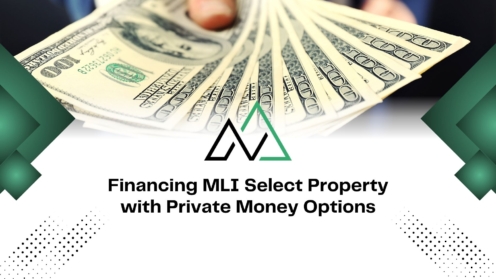 Fan of hundred-dollar bills above text for financing MLI Select property with private money options.