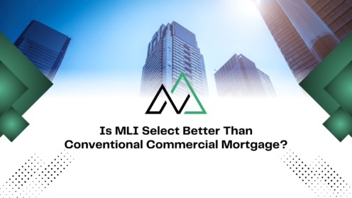 Modern skyscrapers with text comparing MLI Select to conventional commercial mortgages for real estate financing.