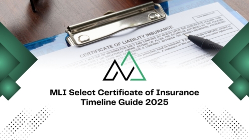 Clipboard with a certificate of liability insurance and pen for the MLI Select insurance timeline guide 2025.