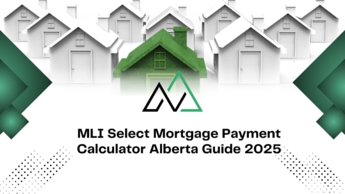 MLI Select mortgage payment calculator Alberta guide 2025 graphic featuring a green house among white houses.