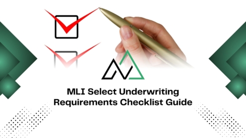 Hand checking boxes on the MLI Select Underwriting Requirements Checklist Guide cover with a modern geometric logo.