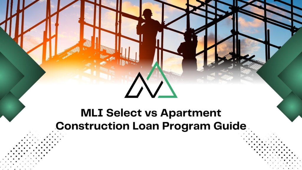 Guide to MLI Select vs apartment construction loans featuring silhouettes of workers on a building site at sunset.
