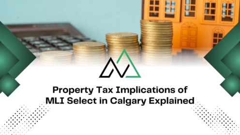 Stacks of coins and a model house illustrate property tax implications of MLI Select in Calgary.