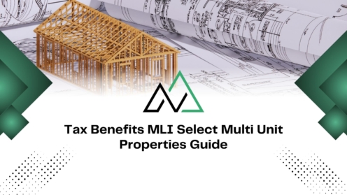 Architectural blueprints and a house frame model for the Tax Benefits MLI Select Multi Unit Properties guide.
