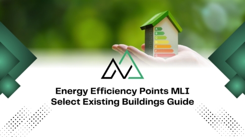 MLI Select guide for existing buildings showing energy efficiency points with a model house and rating scale.