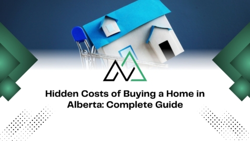 Guide to hidden costs of buying a home in Alberta, featuring a model house in a shopping cart.