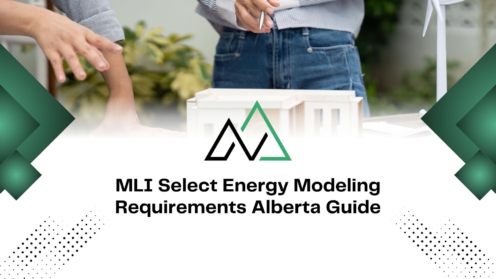 MLI Select Energy Modeling Requirements Alberta Guide title card with professionals reviewing an architectural model.