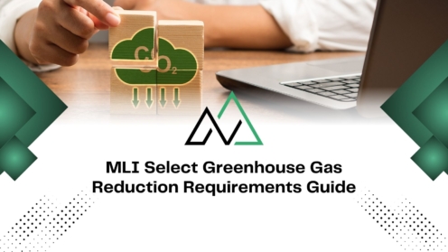 MLI Select Greenhouse Gas Reduction Requirements Guide featuring hands assembling carbon reduction wooden blocks.